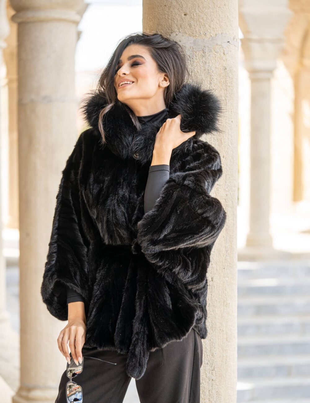 ONE SIZE black mink fur cape with hood and belt. – PAPEL FURS